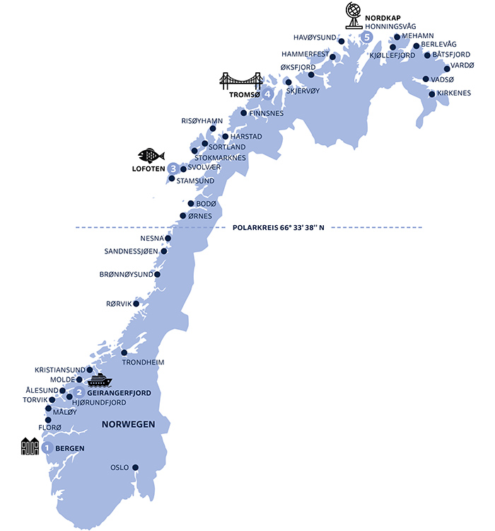 Landkarte von Norwegen mit Streckenverlauf der Havila Landkarte von Norwegen mit Streckenverlauf der Havila